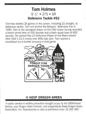1995 Oregon State Beavers Smokey #NNO Tom Holmes Back