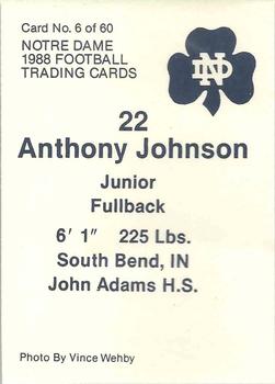 1988 Notre Dame Fighting Irish #6 Anthony Johnson Back