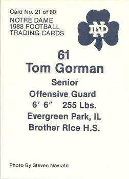 1988 Notre Dame Fighting Irish #21 Tom Gorman Back