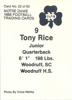 1988 Notre Dame Fighting Irish #22 Tony Rice Back