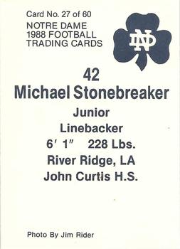 1988 Notre Dame Fighting Irish #27 Mike Stonebreaker Back