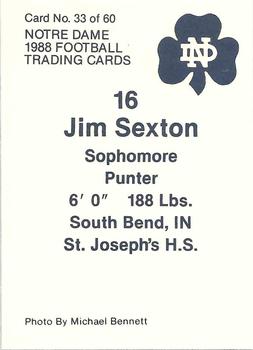 1988 Notre Dame Fighting Irish #33 Jim Sexton Back