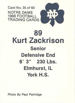 1988 Notre Dame Fighting Irish #35 Kurt Zackrison Back