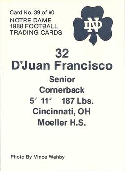 1988 Notre Dame Fighting Irish #39 D’Juan Francisco Back