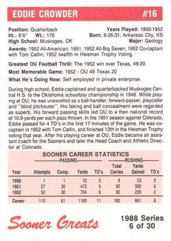 1988 Oklahoma Sooners Greats #6 Eddie Crowder Back