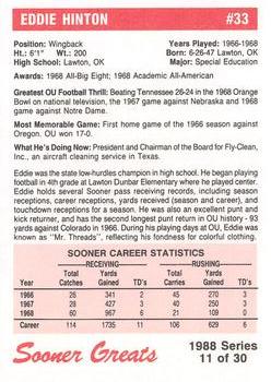 1988 Oklahoma Sooners Greats #11 Eddie Hinton Back