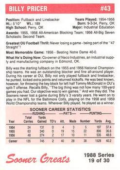 1988 Oklahoma Sooners Greats #19 Billy Pricer Back