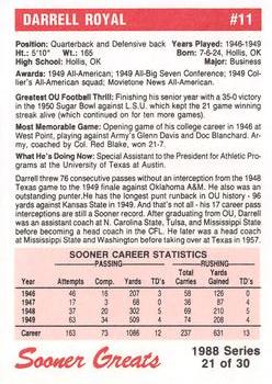 1988 Oklahoma Sooners Greats #21 Darrell Royal Back