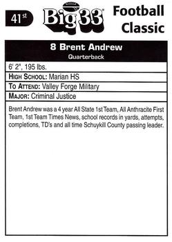 1998 Big 33 Pennsylvania High School #NNO Brent Andrew Back