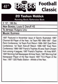 1998 Big 33 Pennsylvania High School #NNO Tashun Riddick Back