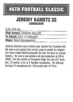 2003 Big 33 Pennsylvania High School #NNO Jeremy Kametz Back