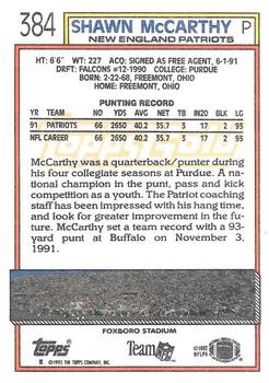 1992 Topps - Gold #384 Shawn McCarthy Back