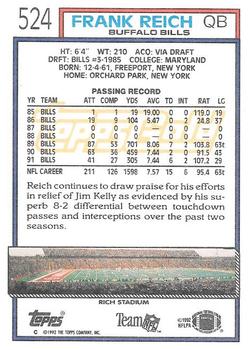 1992 Topps - Gold #524 Frank Reich Back