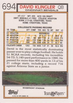 1992 Topps - Gold #694 David Klingler Back