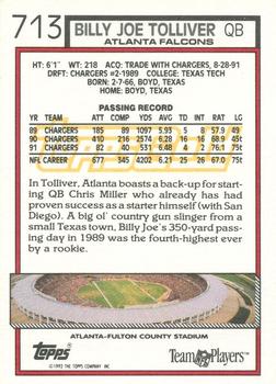 1992 Topps - Gold #713 Billy Joe Tolliver Back