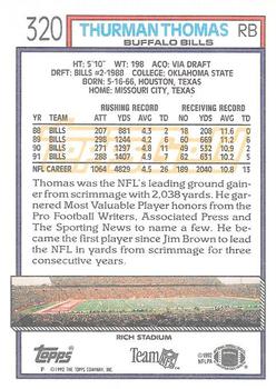 1992 Topps - Gold #320 Thurman Thomas Back