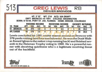 1992 Topps - Gold #513 Greg Lewis Back