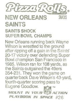 1986 Jeno's Pizza Rolls NFL Action Stickers #26 Saints Shock Super Bowl Champs Back