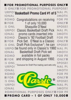 1992 Classic Draft Picks - NBA Draft Pick Promos #1 Shaquille O'Neal Back