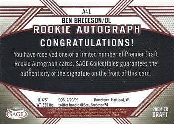 2020 SAGE HIT - Rookie Autographs Blue #A41 Ben Bredeson Back
