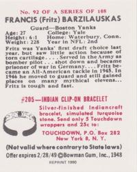 1990 1948 Bowman (Reprint) #92 Frank Barzilauskas Back