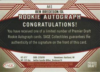2020 SAGE HIT - Rookie Autographs Purple #A41 Ben Bredeson Back