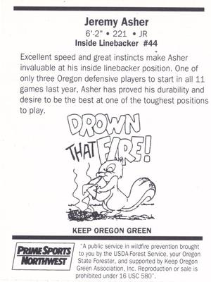 1994 Oregon Ducks Smokey #NNO Jeremy Asher Back
