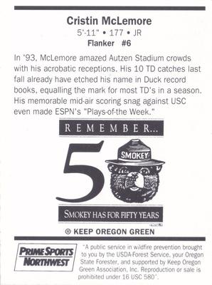 1994 Oregon Ducks Smokey #NNO Cristin McLemore Back