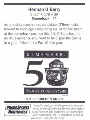 1994 Oregon Ducks Smokey #NNO Herman O'Berry Back