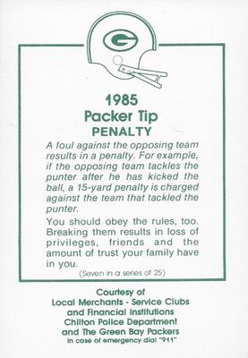 1985 Green Bay Packers Police - Local Merchants, Service Clubs, Financial Institutions, Chilton Police Department #7 Tim Lewis Back