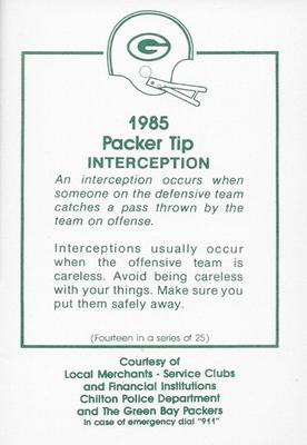 1985 Green Bay Packers Police - Local Merchants, Service Clubs, Financial Institutions, Chilton Police Department #14 Tom Flynn Back