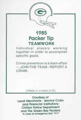 1985 Green Bay Packers Police - Local Merchants, Service Clubs, Financial Institutions, Chilton Police Department #15 Dick Modzelewski Back