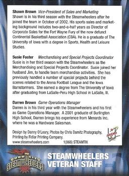 2005 Quad City Steamwheelers (AF2) #NNO Shawn Brown / Susie Foster / Darren Brown Back