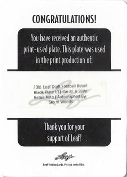2016 Leaf Draft - Autograph Printing Plates - Black #A-SBW Storm Woods Back