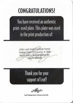 2016 Leaf Draft - Autograph Printing Plates - Yellow #A-SBW Storm Woods Back
