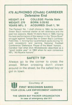 1986 Green Bay Packers Police - First Wisconsin Bank of Waukesha, Waukesha Police Department #NNO Alphonso Carreker Back