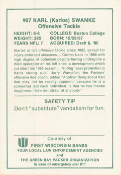 1986 Green Bay Packers Police - First Wisconsin Bank of Waukesha, Waukesha Police Department #NNO Karl Swanke Back