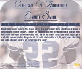1995 Bleachers 23K Emmitt Smith - 3-Time Rushing Champion #NNO Certificate of Authenticity Front