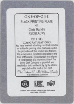 2019 Upper Deck CFL - Autographs Printing Plates Black #44 Chris Randle Back