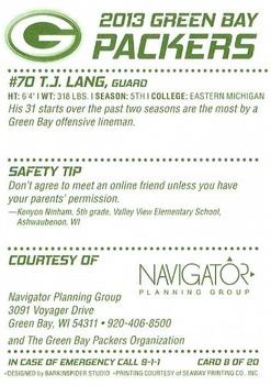 2013 Green Bay Packers Police - Navigator Planning Group #8 T.J. Lang Back
