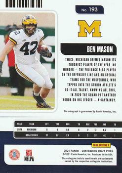 2021 Panini Contenders Draft Picks #193 Ben Mason Back