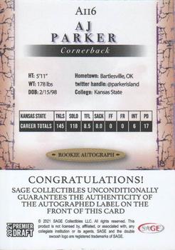 2021 SAGE Premier Draft - Autographs Black #A116 AJ Parker Back