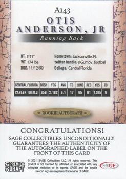 2021 SAGE Premier Draft - Autographs Black #A143 Otis Anderson Jr. Back