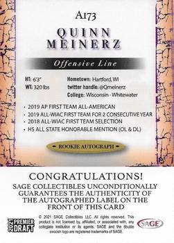 2021 SAGE Premier Draft - Autographs Black #A173 Quinn Meinerz Back