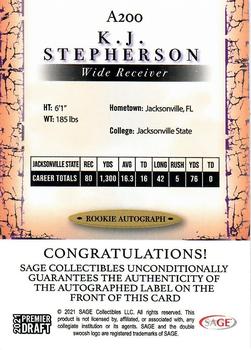 2021 SAGE Premier Draft - Autographs Black #A200 K.J. Stepherson Back