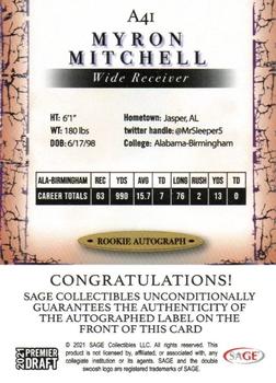 2021 SAGE Premier Draft - Autographs Gold #A41 Myron Mitchell Back