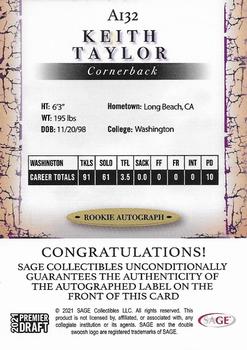 2021 SAGE Premier Draft - Autographs Gold #A132 Keith Taylor Back