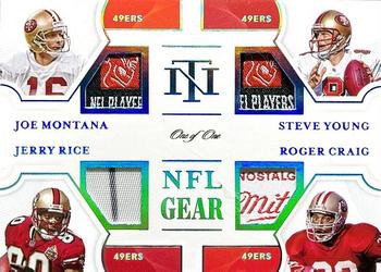 2020 Panini National Treasures - NFL Gear Quad Materials Laundry Tag Brand Logo #QM-SF Jerry Rice / Joe Montana / Roger Craig / Steve Young Front