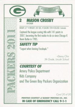2011 Green Bay Packers Police - Amery  Police Department, Kids Company #20 Mason Crosby Back