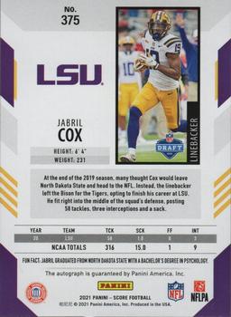 2021 Score - Signatures First Down #375 Jabril Cox Back
